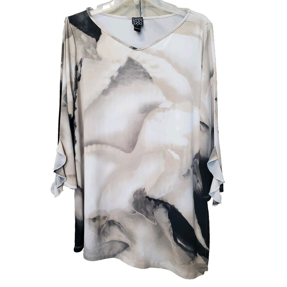 Clara Sun Woo Watercolor Ruffle Cuff Angled Hem Tunic Size Large Lagenlook
